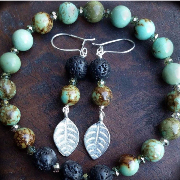 Essential oil diffuser bracelet/earring set-Magnesite, leaf