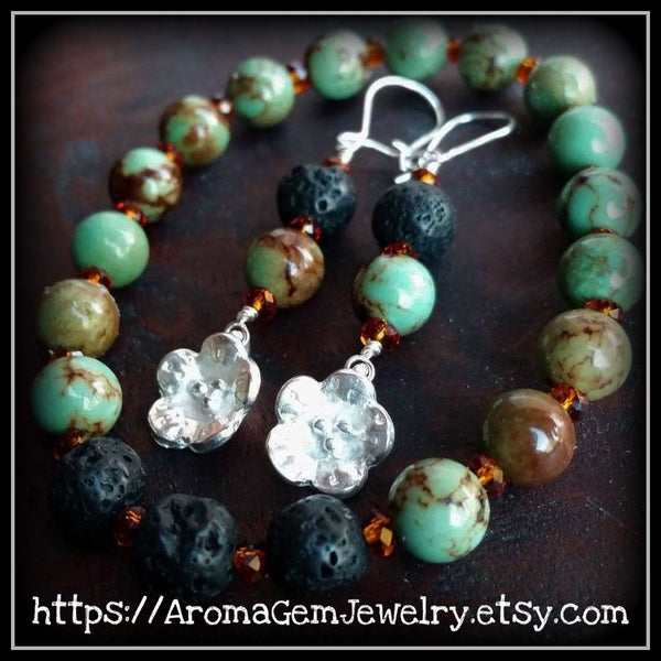Essential oil diffuser bracelet/earring set - Magnesite, Crystal - leaf