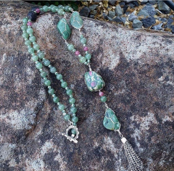 Essential oil diffuser necklace - Ruby in Fuchsite, Aventurine, Quartz -
