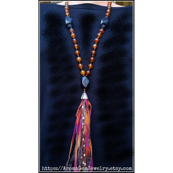Essential oil diffuser necklace - Red Agate, Blackstone - tassel