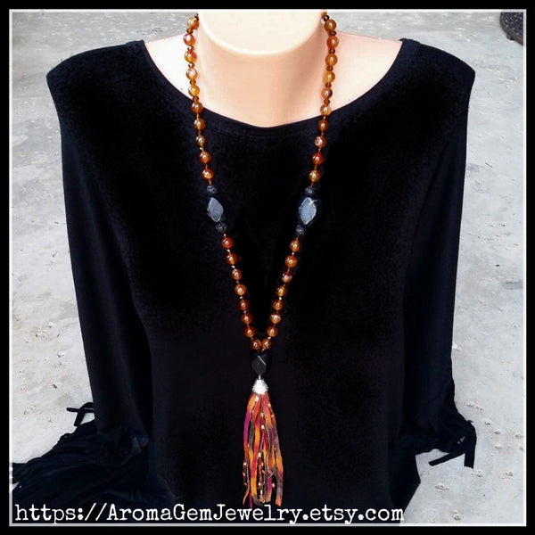 Essential oil diffuser necklace - Red Agate, Blackstone - tassel