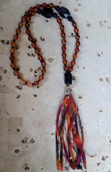 Essential oil diffuser necklace - Red Agate, Blackstone - tassel
