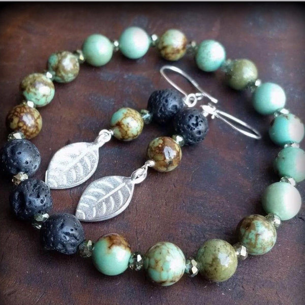 Essential oil diffuser bracelet/earring set-Magnesite, leaf