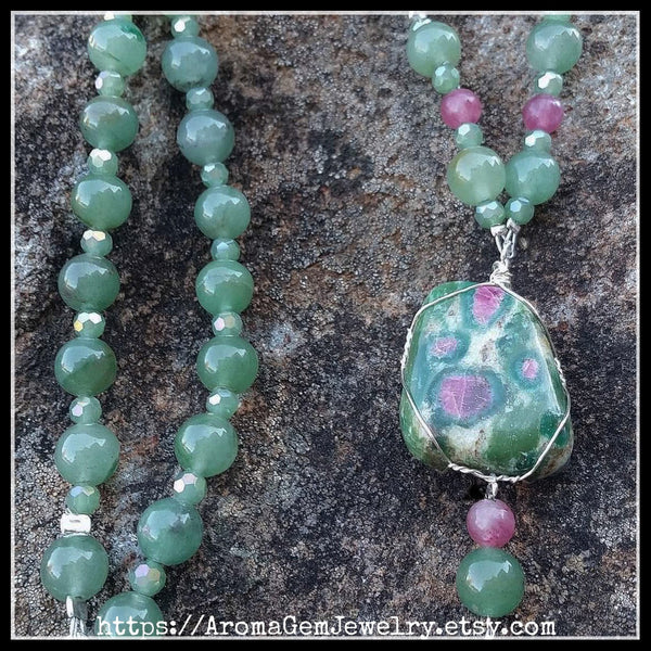 Essential oil diffuser necklace - Ruby in Fuchsite, Aventurine, Quartz -