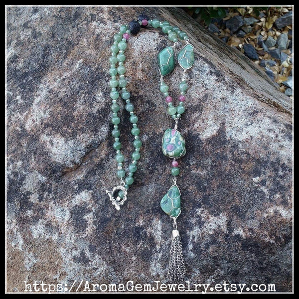 Essential oil diffuser necklace - Ruby in Fuchsite, Aventurine, Quartz -