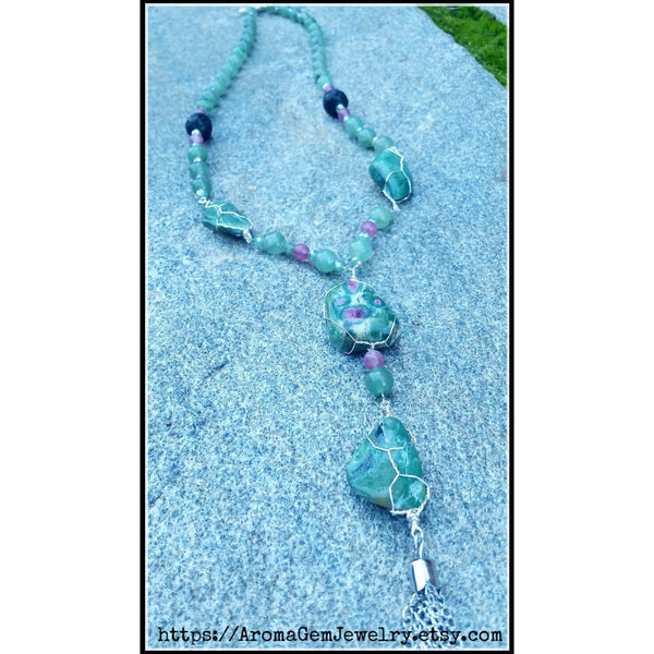 Essential oil diffuser necklace - Ruby in Fuchsite, Aventurine, Quartz -