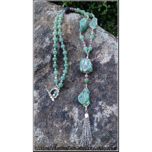 Essential oil diffuser necklace - Ruby in Fuchsite, Aventurine, Quartz -