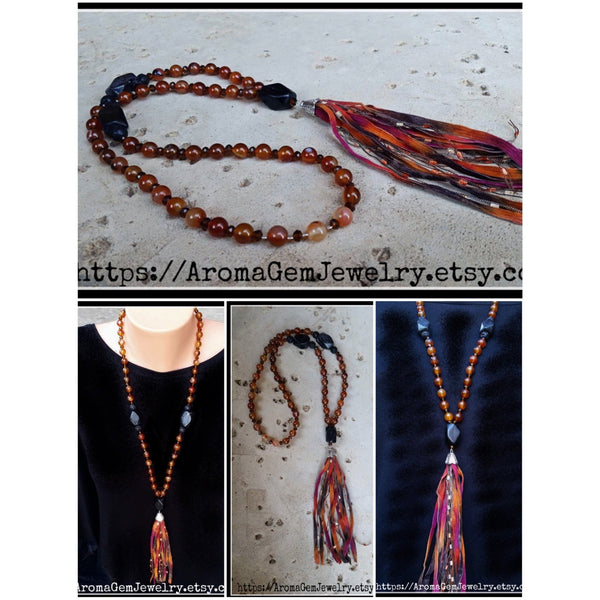 Essential oil diffuser necklace - Red Agate, Blackstone - tassel