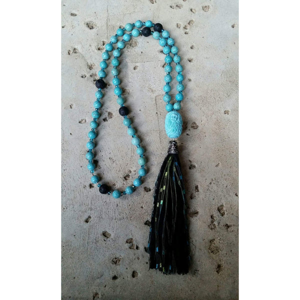 Essential oil diffuser necklace - blue Magnesite - mala - tassel