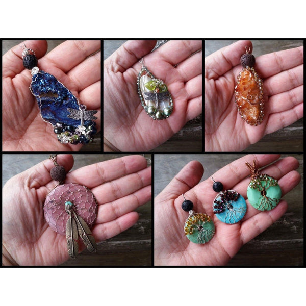 Essential oil diffuser- agate - wire wrapped - dream catchcer - feather