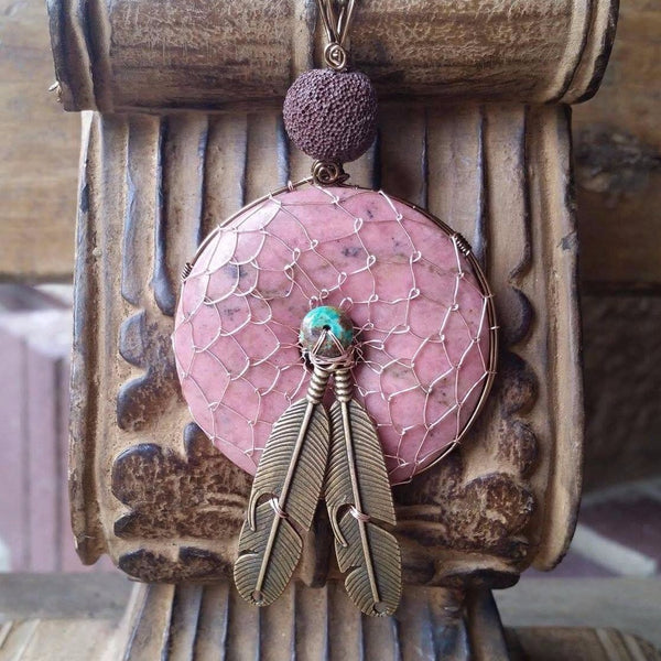 Essential oil diffuser- agate - wire wrapped - dream catchcer - feather