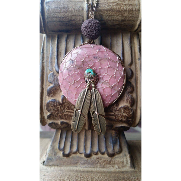 Essential oil diffuser- agate - wire wrapped - dream catchcer - feather