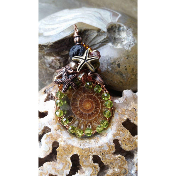 Essential oil diffuser necklace-Ammonite - wire wrapped copper