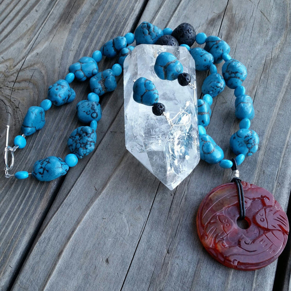 Essential oil diffuser necklace/earring set - blue Magnesite, agate
