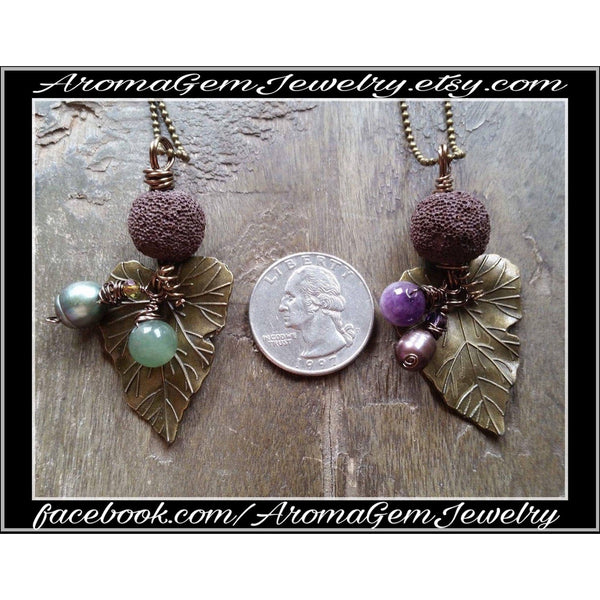 Essential oil diffuser necklace - Amethyst, cultured pearl -leaf