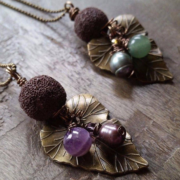 aromatherapy necklace leaf gemstone lava antiqued bronze amethyst aventurine fall