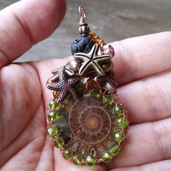 Essential oil diffuser necklace-Ammonite - wire wrapped copper