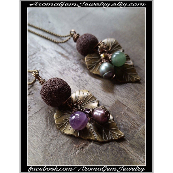 Essential oil diffuser necklace - Amethyst, cultured pearl -leaf