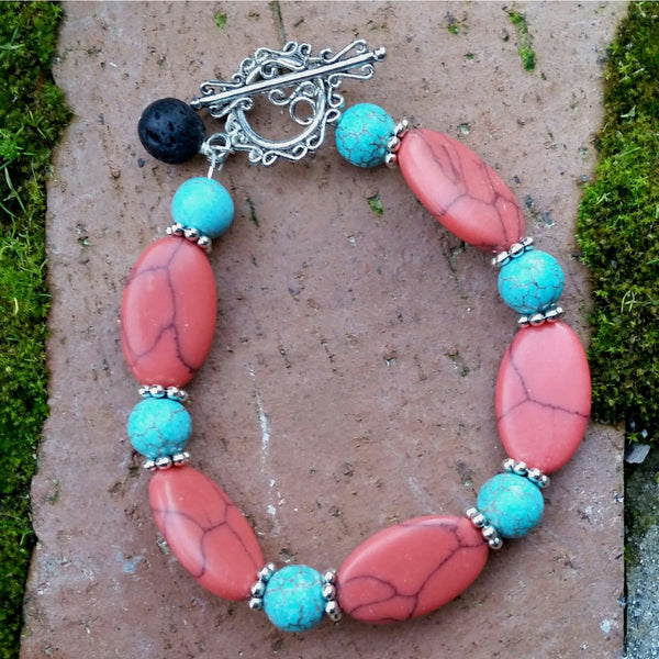 Essential oil diffuser necklace/bracelet/ earring set - Red Howlite and Magnesite