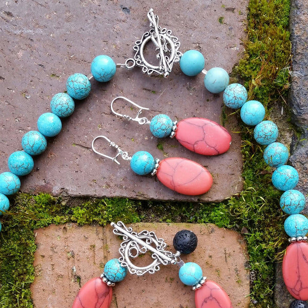 Essential oil diffuser necklace/bracelet/ earring set - Red Howlite and Magnesite