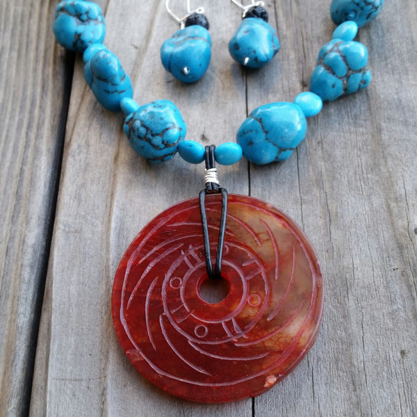 Essential oil diffuser necklace/earring set - blue Magnesite, agate