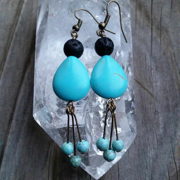 Essential oil diffuser earrings - blue Magnesite - antiqued bronze