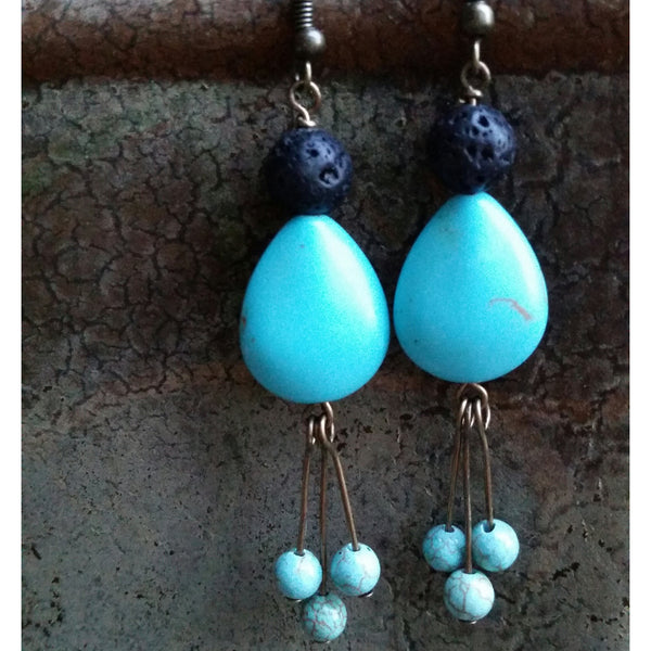 Essential oil diffuser earrings - blue Magnesite - antiqued bronze