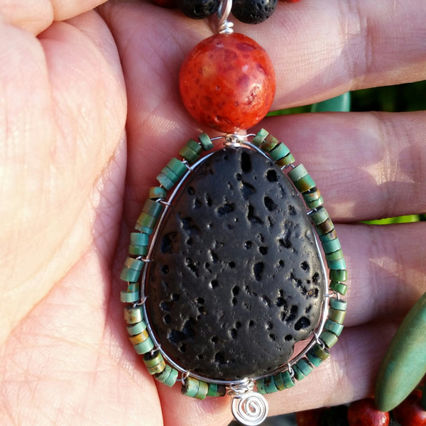 Essential oil diffuser necklace/earring set - blue Magnesite, red coral, wire wrapped