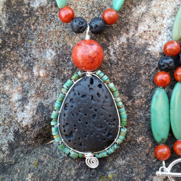 Essential oil diffuser necklace/earring set - blue Magnesite, red coral, wire wrapped