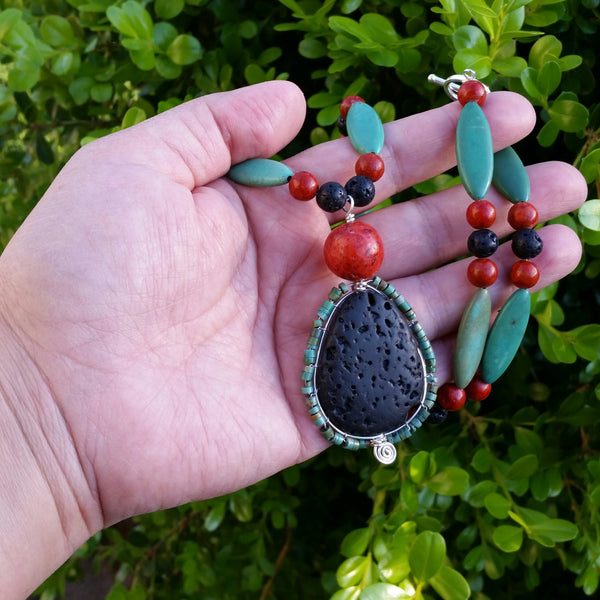 Essential oil diffuser necklace/earring set - blue Magnesite, red coral, wire wrapped