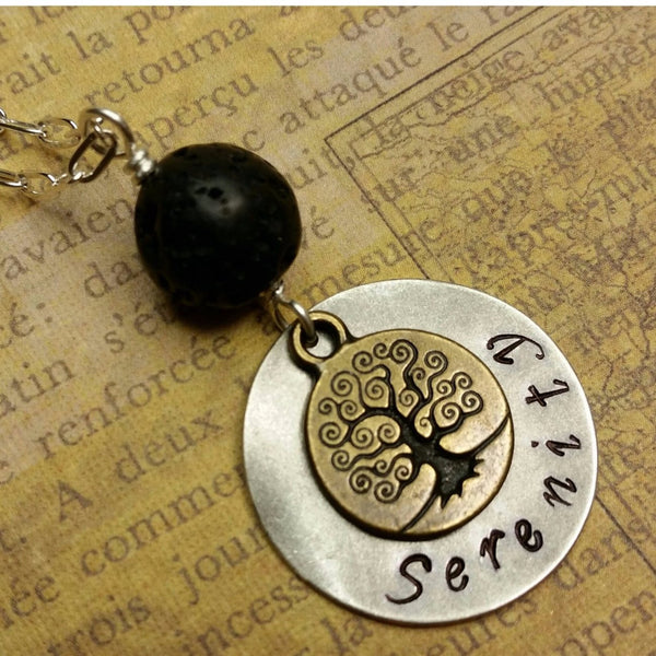 Essential oil diffuser necklace - Hand stamped "Serenity" and Tree of Life