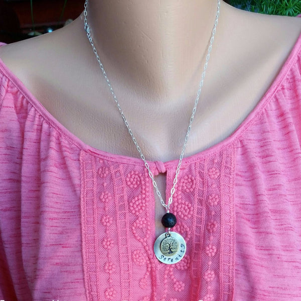 Essential oil diffuser necklace - Hand stamped "Serenity" and Tree of Life