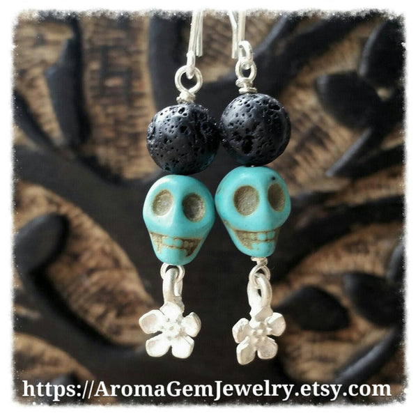 Essential oil diffuser earrings - blue Magnesite - skull - Sterling Silver