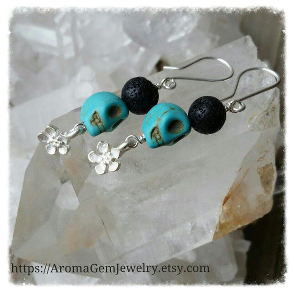 Essential oil diffuser earrings - blue Magnesite - skull - Sterling Silver