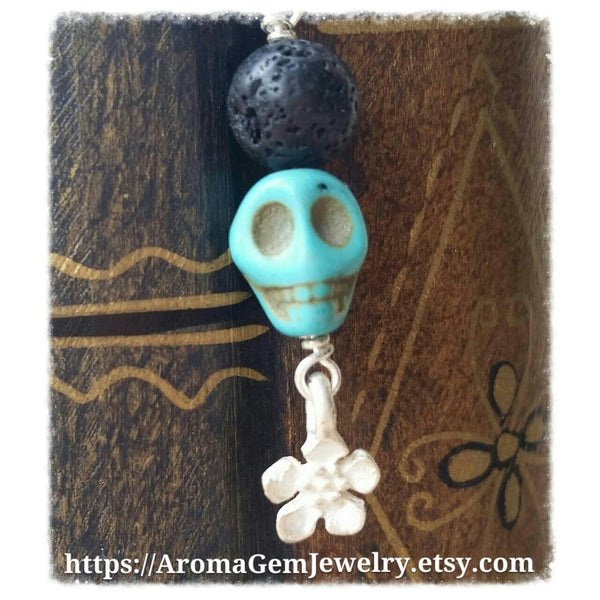Essential oil diffuser earrings - blue Magnesite - skull - Sterling Silver