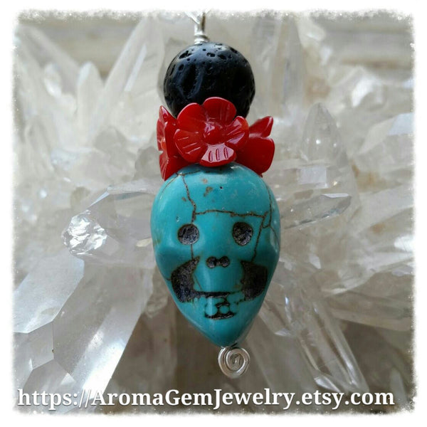 Essential oil diffuser necklace - blue Magnesite, red coral - skull - Sterling Silver