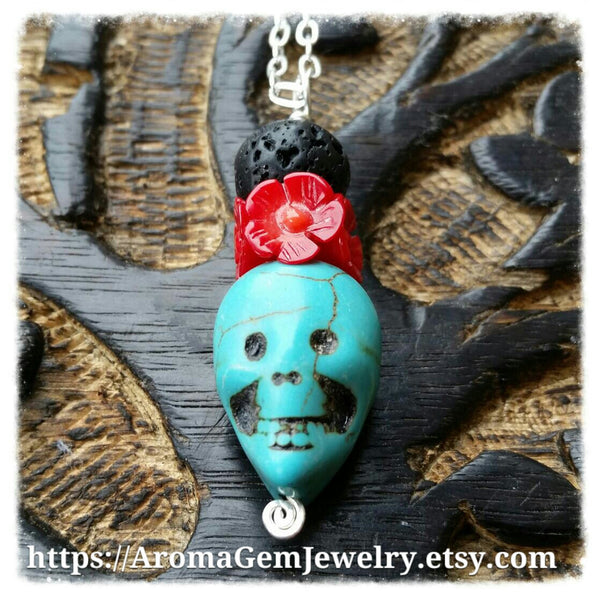 Essential oil diffuser necklace - blue Magnesite, red coral - skull - Sterling Silver