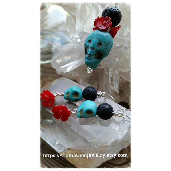 Essential oil diffuser earrings - blue Magnesite, red coral- skull - Sterling Silver