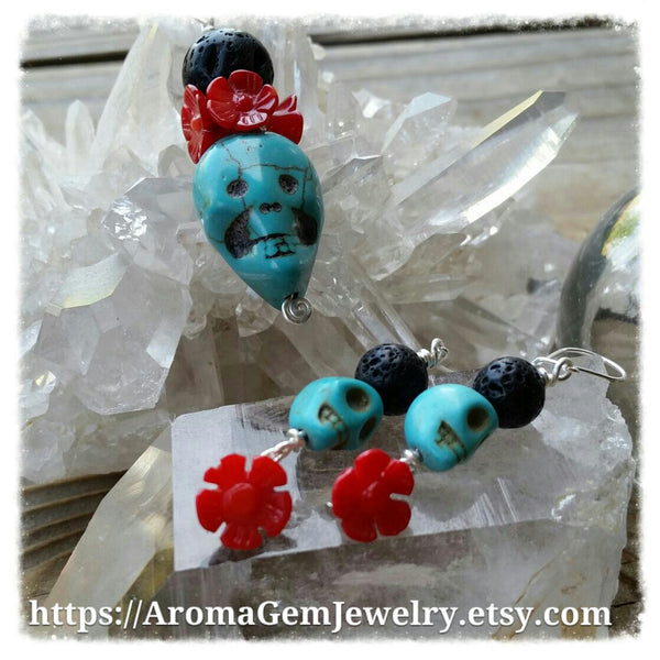 Essential oil diffuser necklace - blue Magnesite, red coral - skull - Sterling Silver