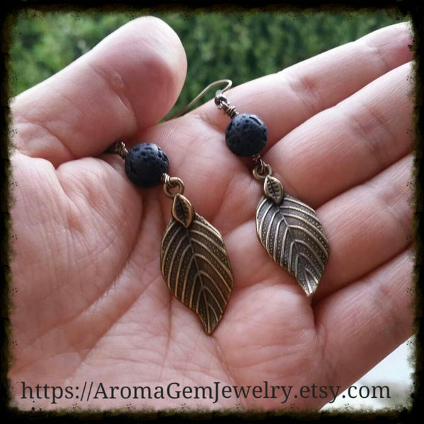Essential oil diffuser earrings - antiqued bronze-leaf