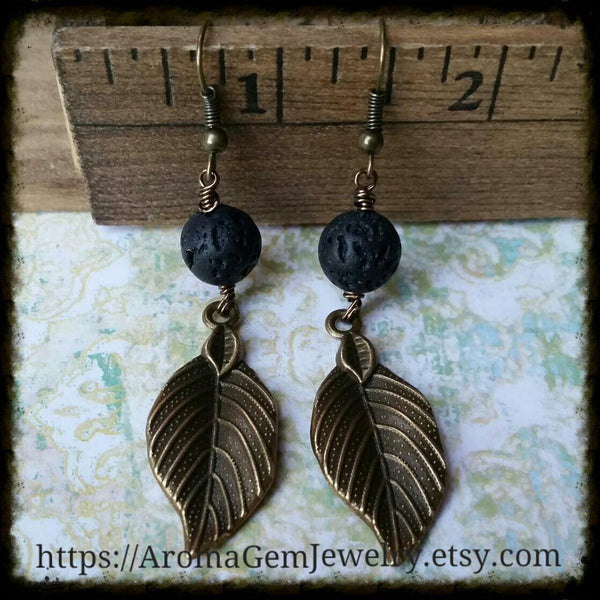 Essential oil diffuser earrings - antiqued bronze-leaf