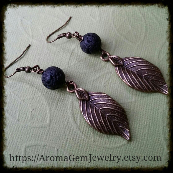 Essential oil diffuser earrings - antiqued bronze-leaf