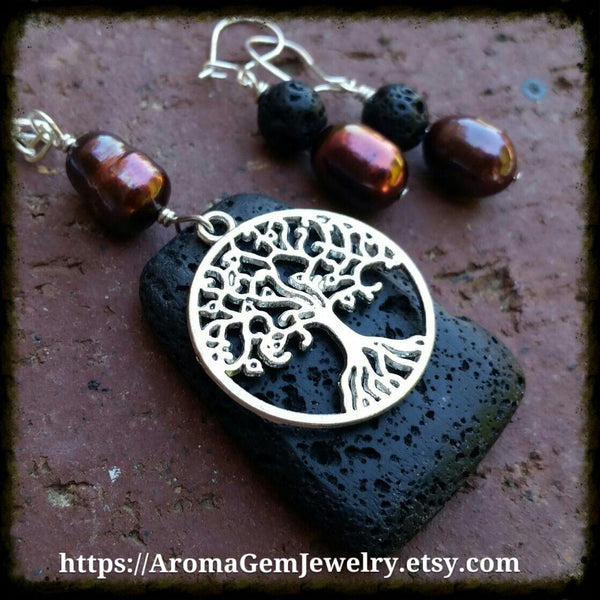 Essential oil diffuser necklace/earring set- cultured pearl- Tree of Life