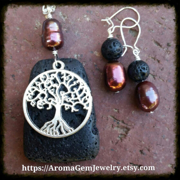 Essential oil diffuser necklace/earring set- cultured pearl- Tree of Life