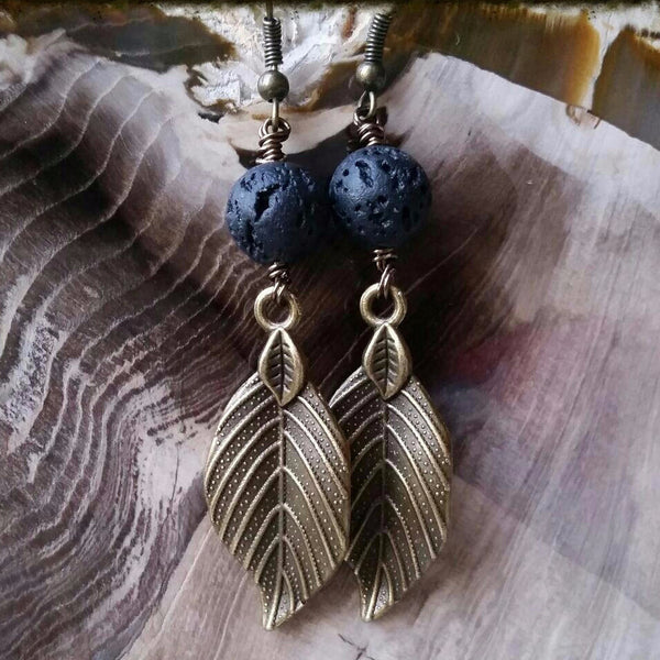 Essential oil diffuser earrings - antiqued bronze-leaf
