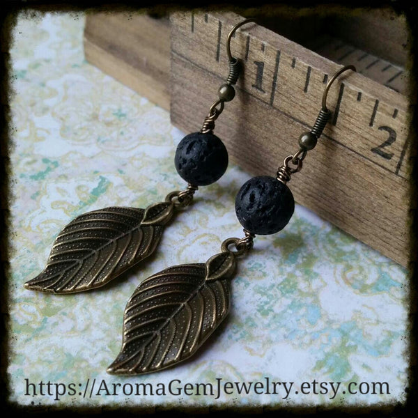 Essential oil diffuser earrings - antiqued bronze-leaf