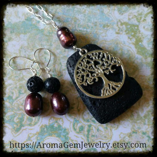 Essential oil diffuser necklace/earring set- cultured pearl- Tree of Life