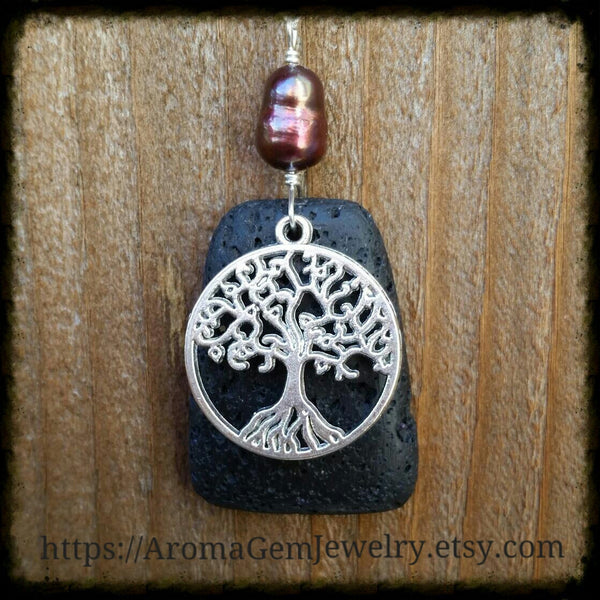 Essential oil diffuser necklace/earring set- cultured pearl- Tree of Life