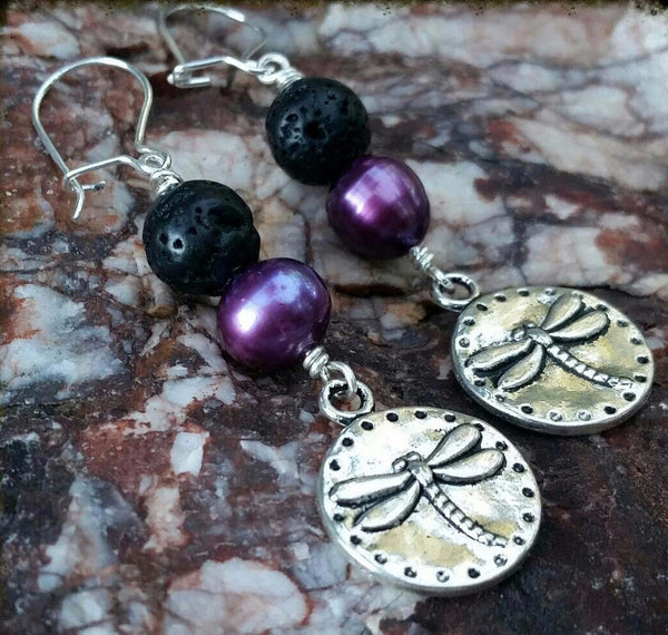Essential oil diffuser earrings - purple cultured pearl - dragonfly - Sterling Silver earwire