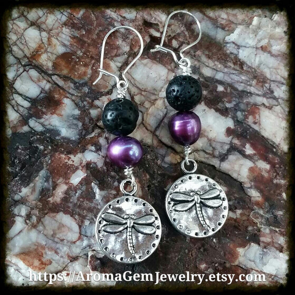 Essential oil diffuser earrings - purple cultured pearl - dragonfly - Sterling Silver earwire